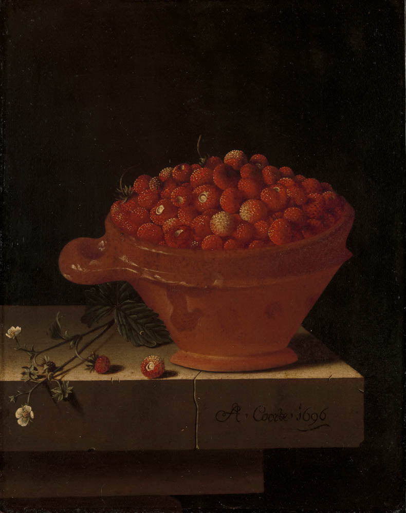 Adriaen Coorte - Een bakje aardbeien op een stenen plint | Giclée op canvas