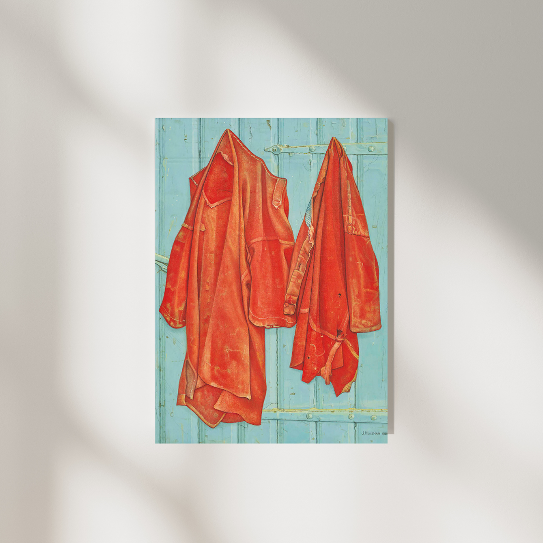 Jopie Huisman - Roodbaaien hemden op blauwe deur 1984 | Giclée op canvas