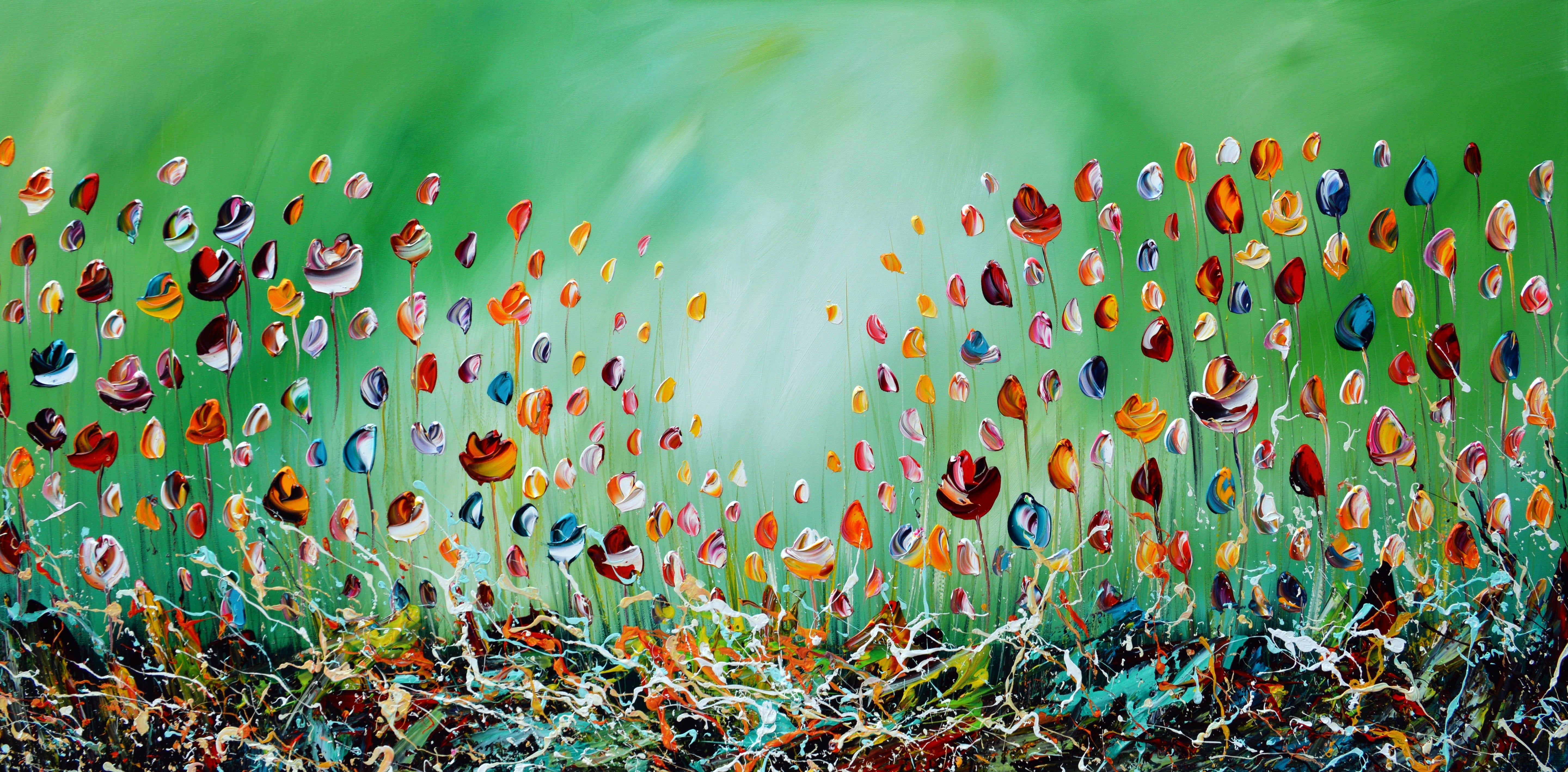 Gena - Colourful Flowers (green) | Giclée op canvas