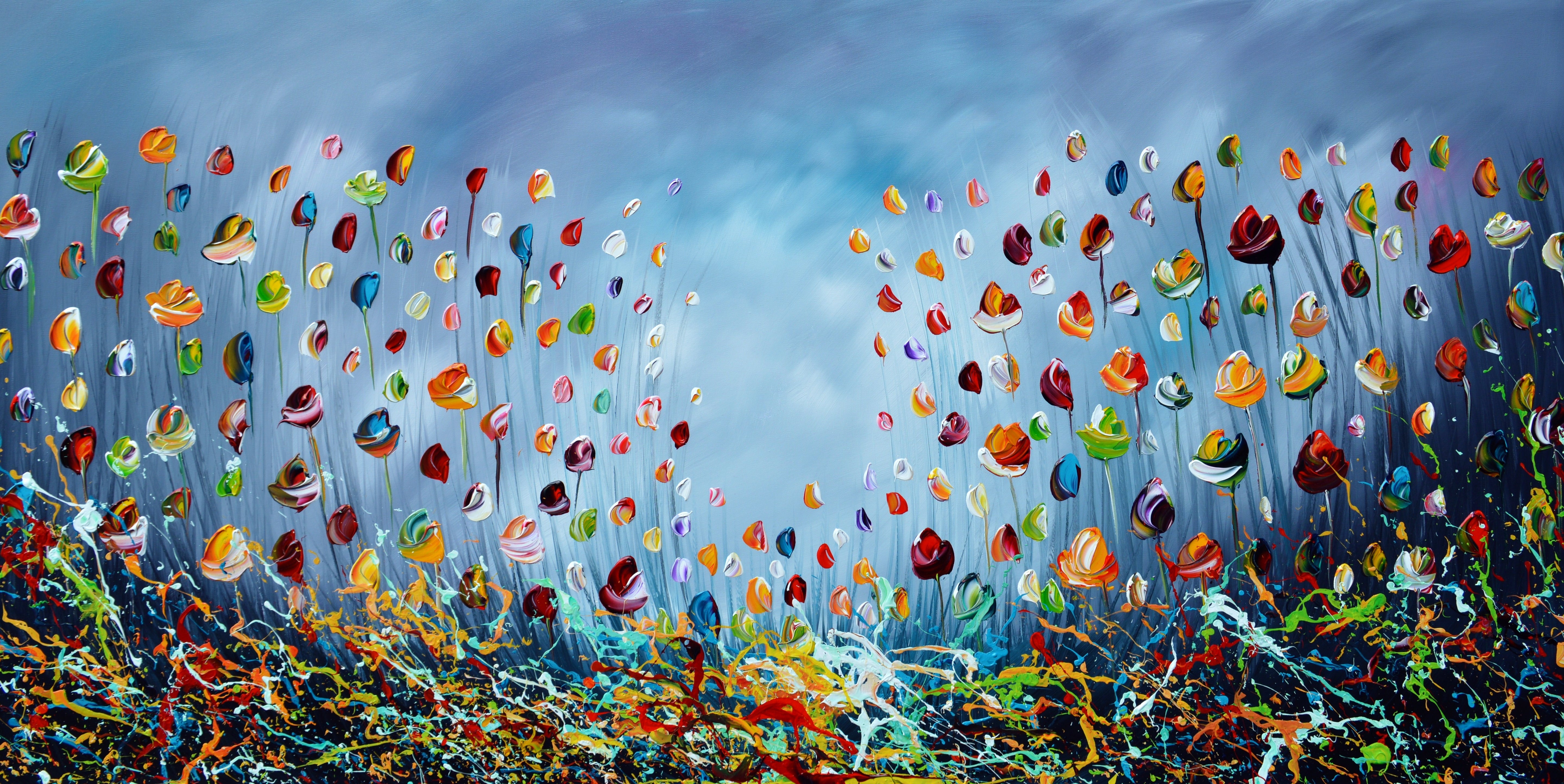 Gena - Colourful Flowers (blue) | Giclée op canvas